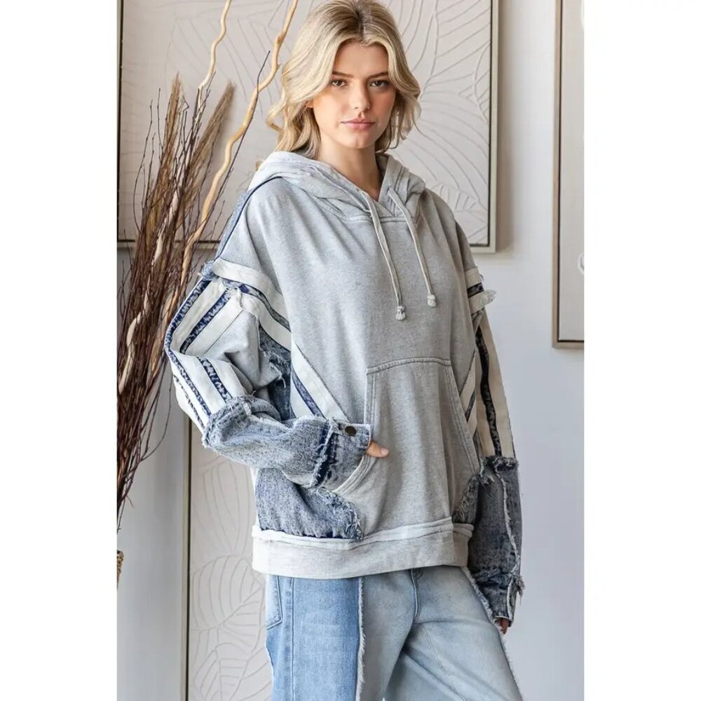 Oli & Hali Washed Mixed Denim Hoodie Pullover Top Sweatshirt Size Various